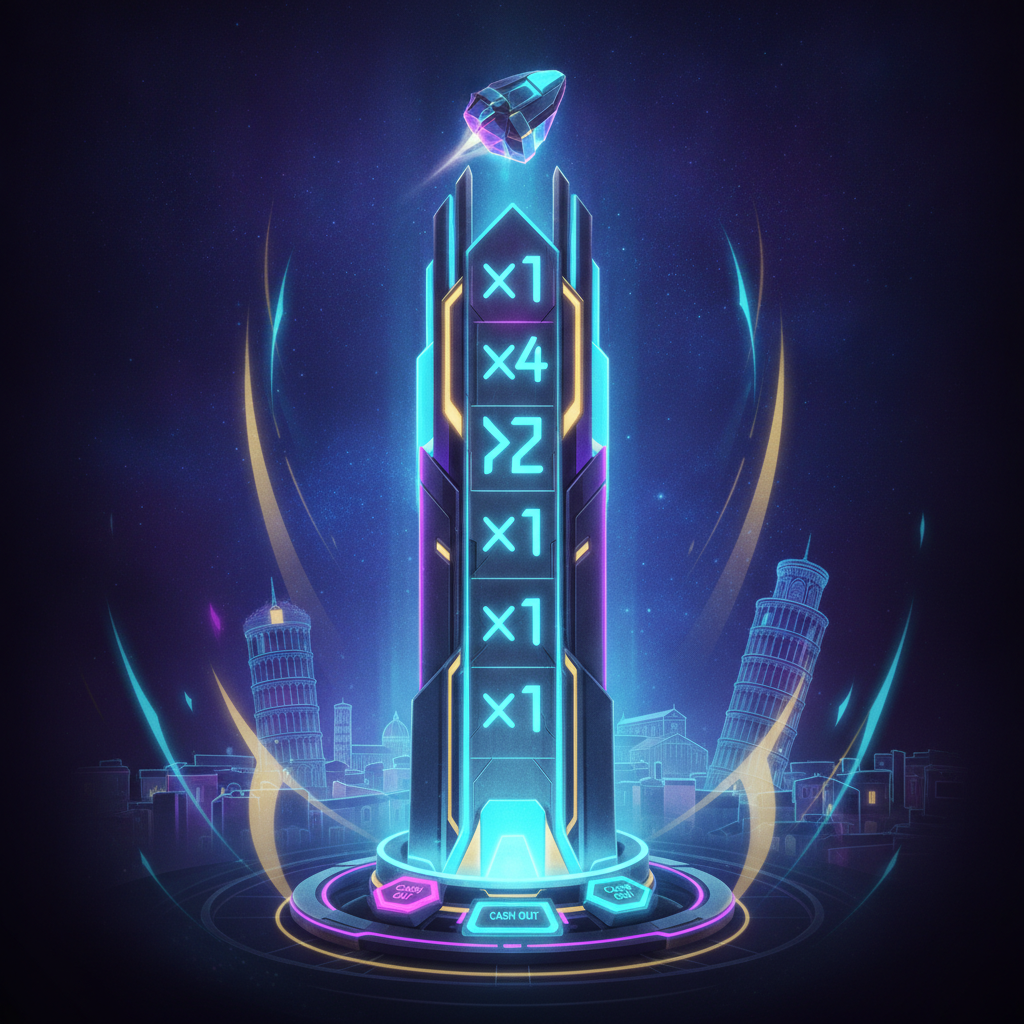 Tower Rush slot game di Galaxsys con torre verticale illuminata al neon, livelli di moltiplicatori crescenti, grafica futuristica cyber e interfaccia crash game con pulsanti cash out